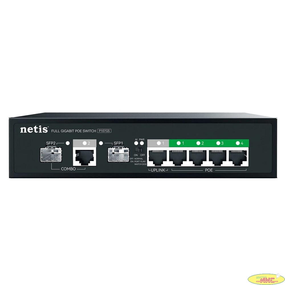 Коммутатор Netis P107GS (L2) 6x1Гбит/с 1xКомбо(1000BASE-T/SFP) 2SFP 4PoE 65W неуправляемый