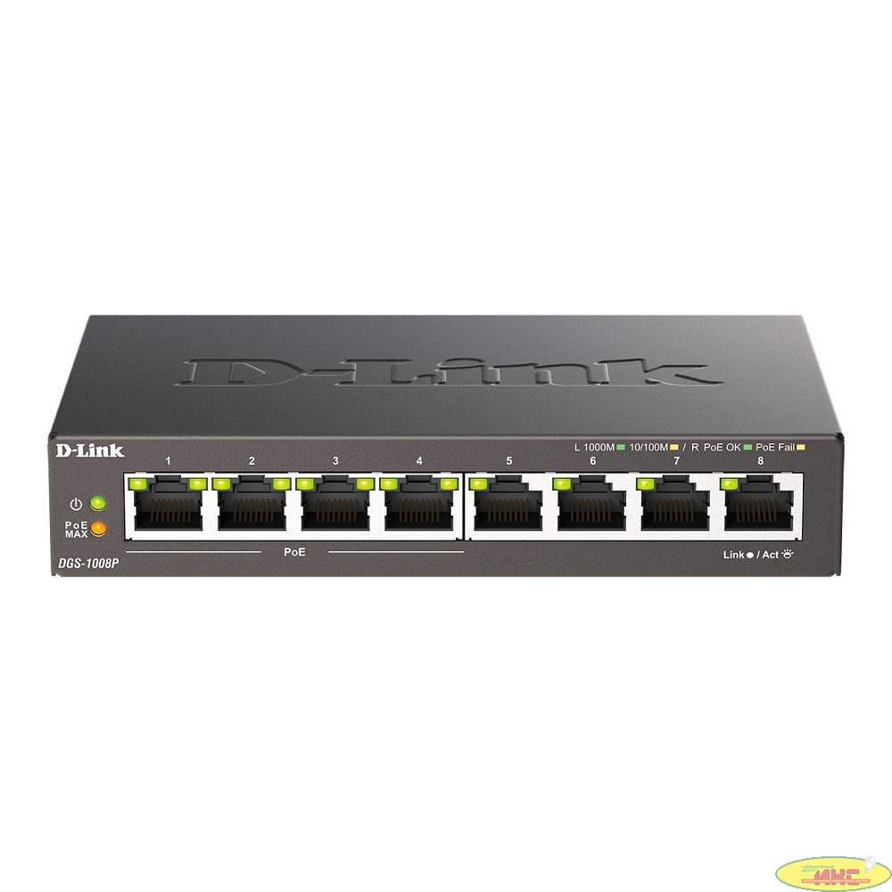 D-Link DGS-1008P/F3A Неуправляемый коммутатор с 8 портами 10/100/1000Base-T (4 порта PoE 802.3af/at, PoE-бюджет 60 Вт)
