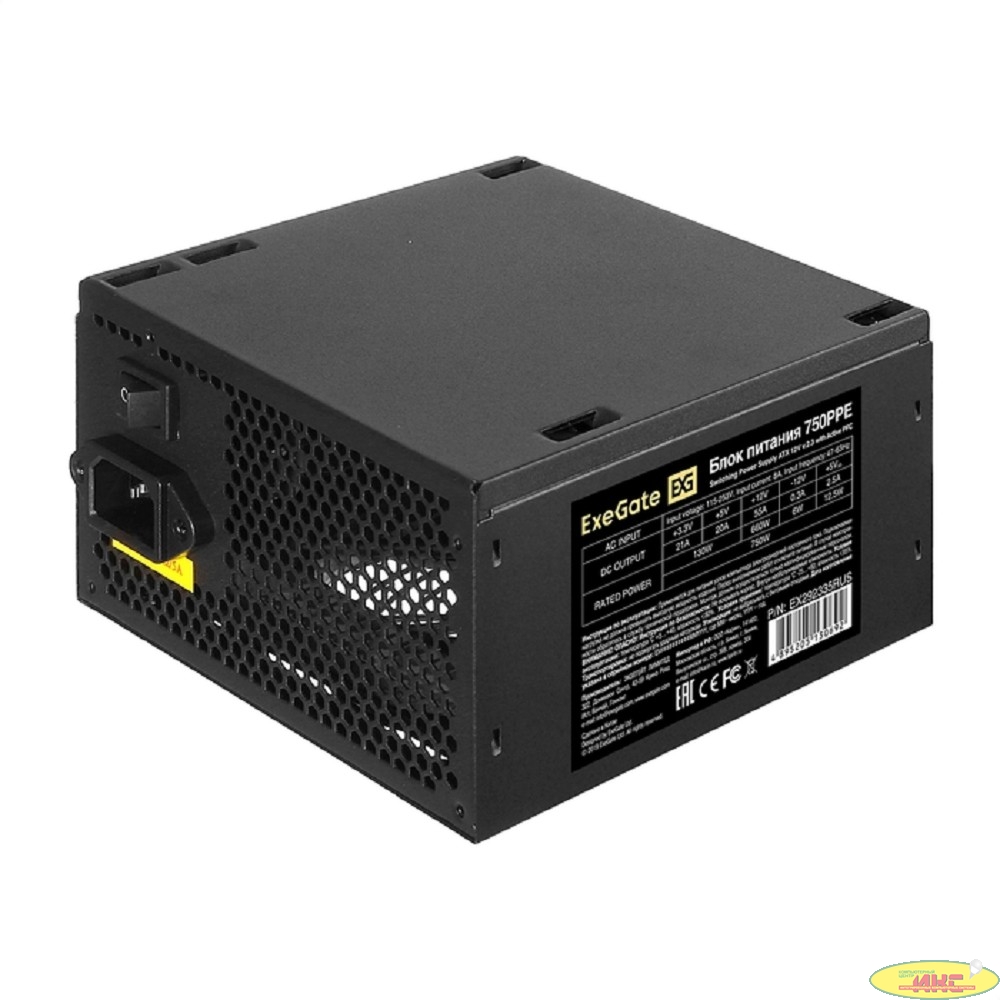 Блок питания 750W ExeGate 750PPE (ATX, APFC, PC, КПД 80% (80 PLUS), 12cm fan, 24pin, 2x(4+4)pin, 4xPCI-E, 6xSATA, 3xIDE, black, кабель 220V в комплекте 1,8м)