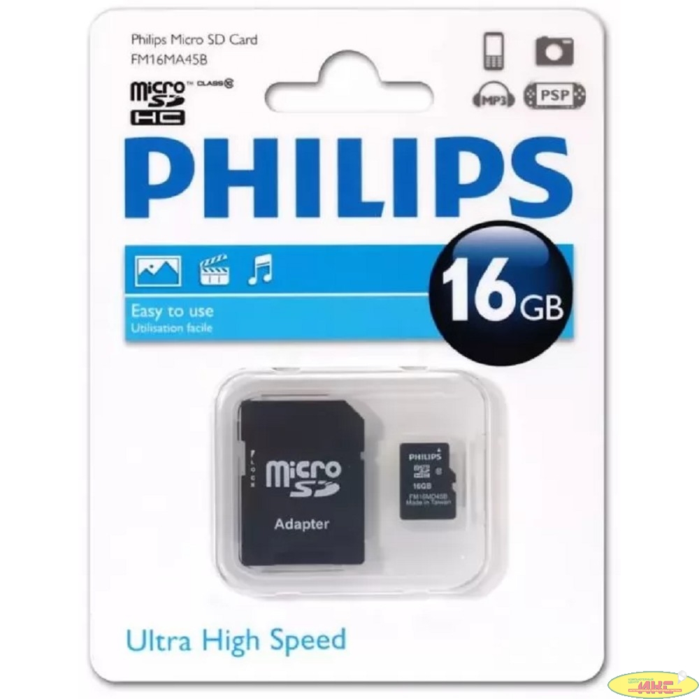 Micro SecureDigital 16GB Philips microSDHC Class 10 (SD адаптер) (FM16MA45B/97)