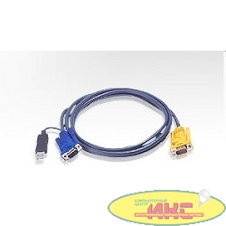 ATEN 2L-5203UP Кабель KVM  USB(Kлав+мышь)(Male)+HDB15(Male) <-> SPHD15(Male-2xMale) 3,0м., тонкий, черный.