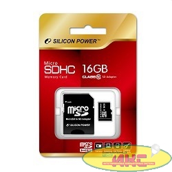 Micro SecureDigital 16Gb Silicon Power SP016GBSTH010V10-SP {MicroSDHC Class 10, SD adapter}