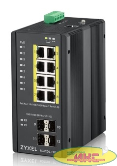 ZYXEL RGS200-12P-ZZ0101F Промышленный L2 PoE+ коммутатор RGS200-12P, 8xGE PoE+, 4xSFP, крепление на стену/DIN-рейку, IP30, два источника питания DC, бюджет PoE 240 Вт