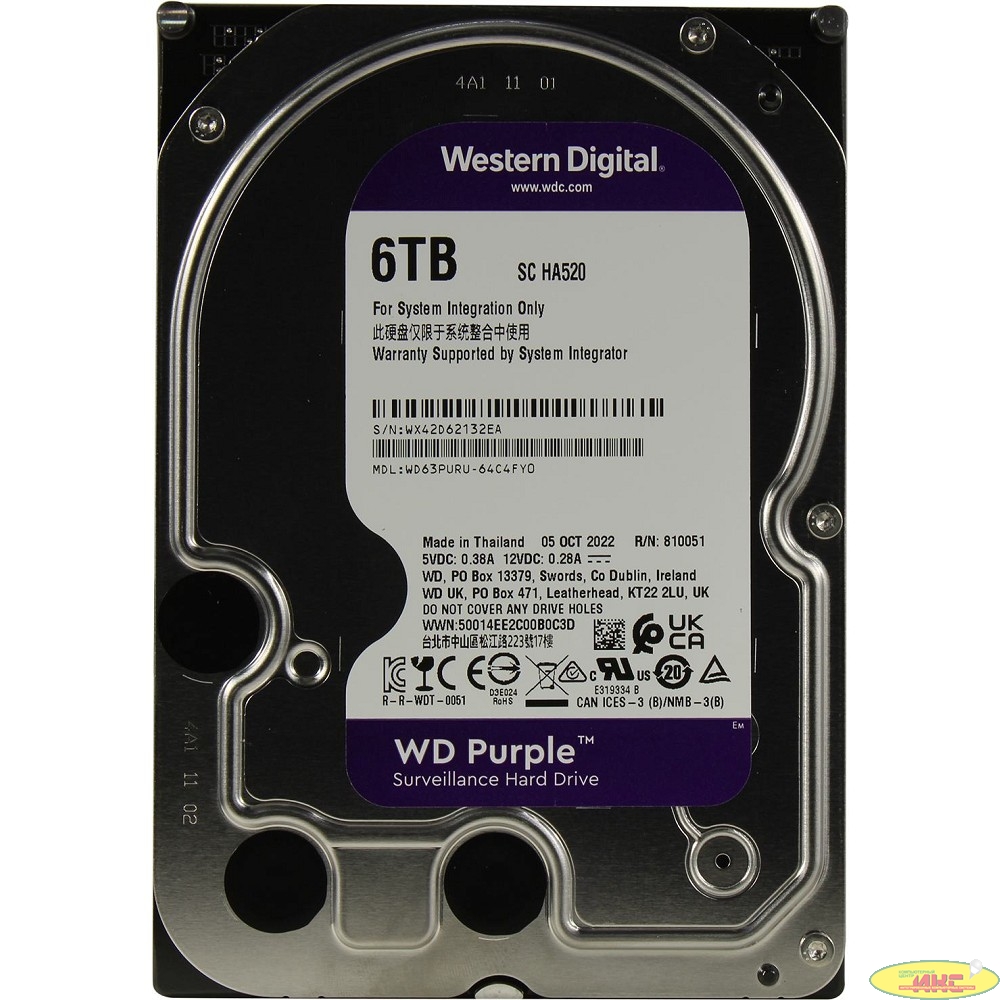 Жесткий диск/ HDD WD SATA3 6TB Purple 5400 RPM 256Mb 1 year warranty