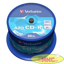 43343 Диски CD-R Verbatim 50шт, 700MB 52-x, CRYSTAL AZO, Cake Box 