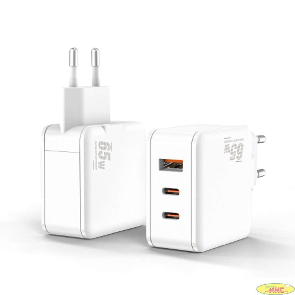 Bion Сетевое Зарядное Устройство, GaN, USB-A + 2*USB-C, PowerDelivery, 65 Вт, белый [BXP-GAN-PD-A2C-65W]