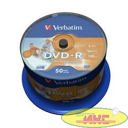 Verbatim  Диски DVD-R  4.7Gb 16х, Wide Photo InkJet Printable, 50шт, Cake Box (43533/43649)
