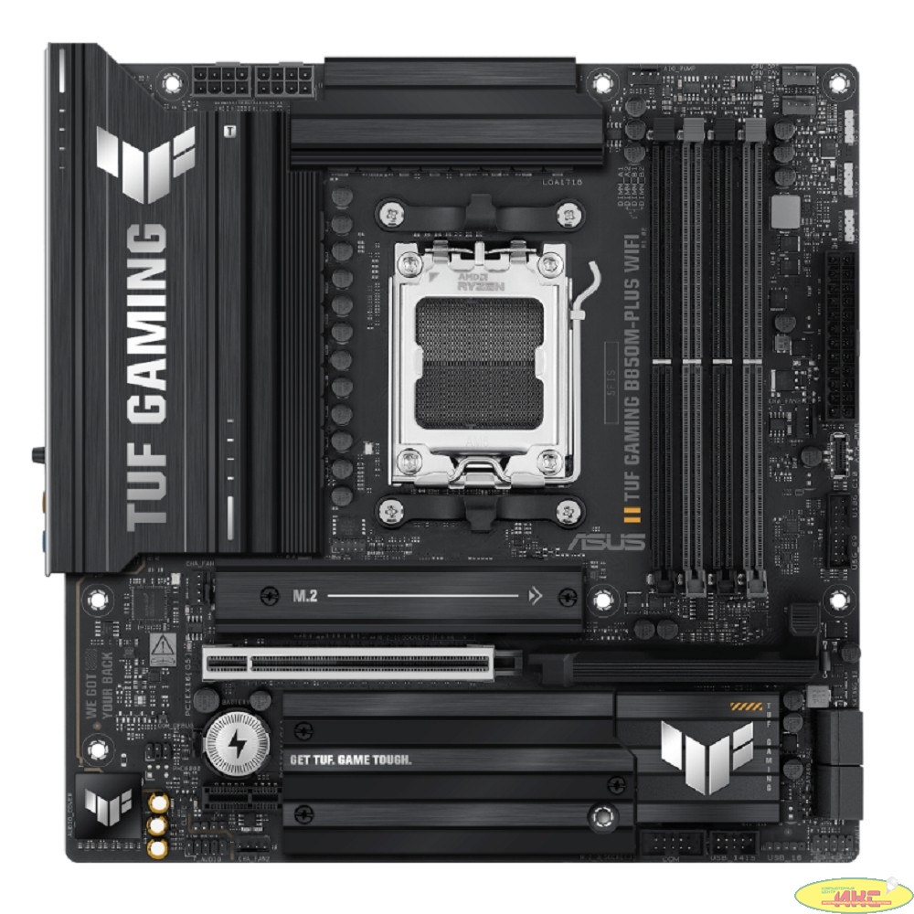 ASUS TUF GAMING B850M-PLUS WIFI (Socket AM5, mATX, 4xDDR5(256GB), HDMI 2.1/DP, 1xPCIe 5.0x16/1xPCIe 4.0x1, 1xLAN (2.5GbE), Wi-Fi, BT, 4xSATA 6Gb/s, 3xM.2, 1xType-C, 7xUSB 3.2, 4xUSB 2.0)
