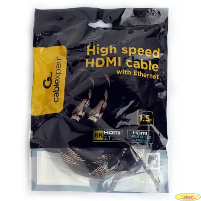 Кабель HDMI Cablexpert CCP-HDMI8K-1.5M, 19M/19M, v2.1, 8К, медь, позол.разъёмы, экран, оплетка, 1.5м, чёрный, пакет