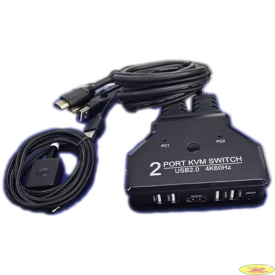 ORIENT HS21HC, HDMI KVM переключатель на 2 устройства, порты HDMI + 2xUSB (клавиатура+мышь) + 2xUSB 2.0, поддержка 4K@60Hz, встроенные кабели 2xHDMI+2xUSB2.0 1.2 метра, (33330)