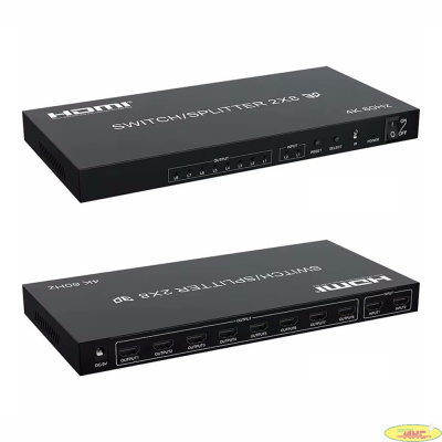 ORIENT HSP0208H-2.0, HDMI переключатель/разветвитель 2->8, UHD 4K/60Гц (3840x2160), HDR, HDMI 2.0, HDCP 2.2, пульт ДУ, внешний БП 5В/2A, метал.корпус (33321)