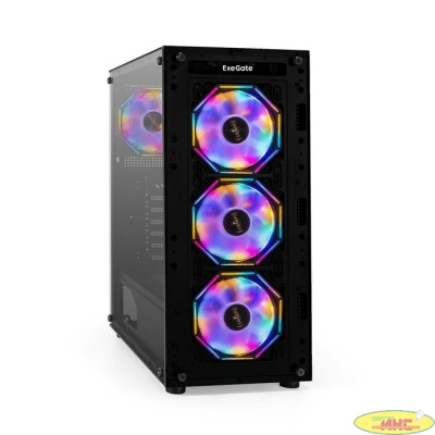 Exegate EX294967RUS Корпус Miditower ExeGate i3 BASE (ATX, без БП, с окном, 1*USB+1*USB3.0, аудио, 4 вент. 12см с RGB подсветкой)