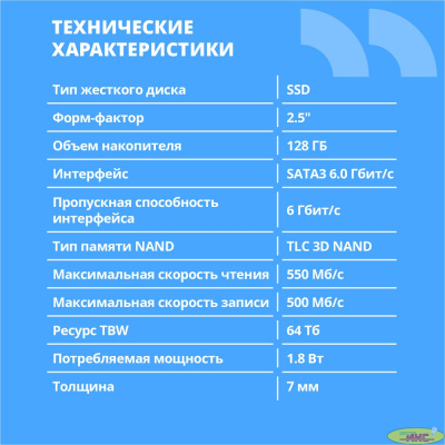 CBR SSD-128GB-2.5-BS24b, Внутренний SSD-накопитель, серия "Base", 128 GB, 2.5", SATA III 6 Gbit/s, 3D TLC NAND, R/W speed up to 550/500 MB/s, TBW (TB) 64, OEM
