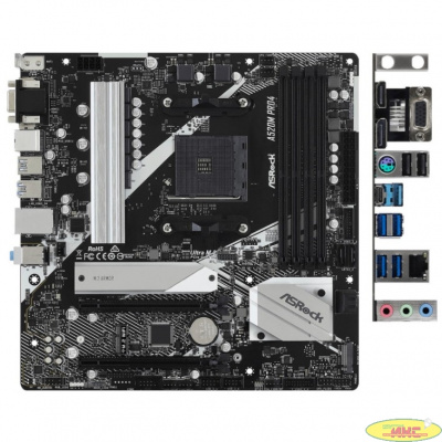 Материнская плата Asrock A520M PRO4 Soc-AM4 AMD A520 4xDDR4 mATX AC`97 8ch(7.1) GbLAN RAID+VGA+HDMI+DP